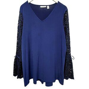 SUSAN GRAVER Navy Blue Liquid Knit Top Lace Sleeve Size Large Stretch Tunic